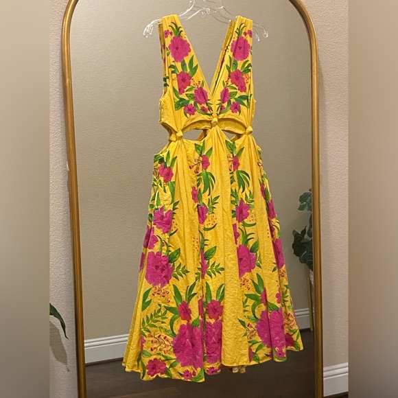 FARM Rio Romantic Garden Yellow Pink Plunge Midi Dress Size M - Picture 10 of 13